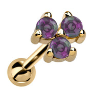 14k yellow gold triple alexandrite cartilage stud with iridescent purple stones in cluster, angled view