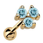 14k yellow gold triple aquamarine cartilage stud with three pale blue stones in prong cluster, angled view