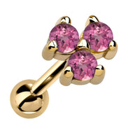 14k yellow gold triple tourmaline cartilage earring with three pink stones in prong cluster, angled view