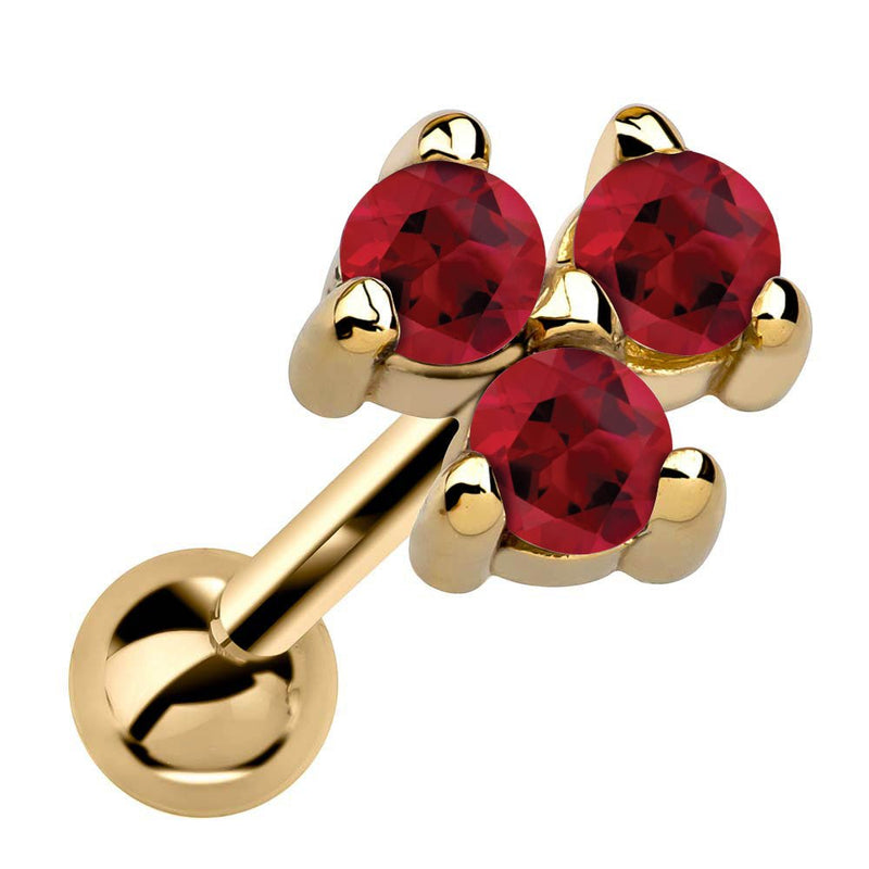 14k yellow gold triple ruby cartilage earring with three vivid red stones in prong cluster, angled view