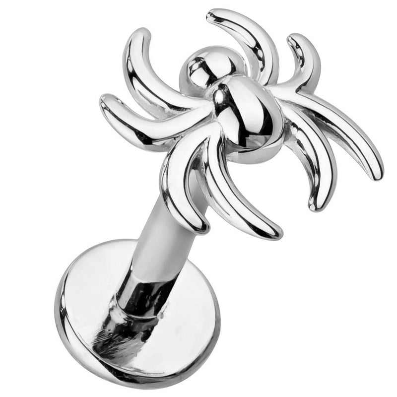 14K white gold spider flat back labret, 16 gauge with high-polish silver-toned spider top