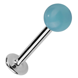 5mm faux turquoise ball labret stud with 14K white gold post and flat back, angled view