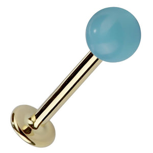 5mm faux turquoise ball labret stud with 14K yellow gold post and flat back, angled view