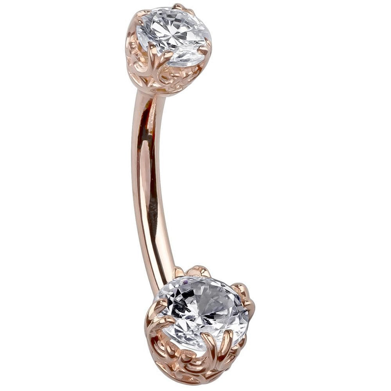 14k rose gold navel ring with dual CZ stones in filigree basket settings, front angled view
