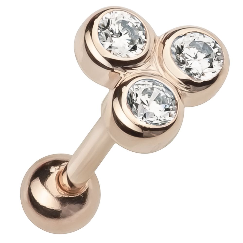 Genuine Diamond 3 Stone Trinity 14k Gold Cartilage Stud Earring-Rose