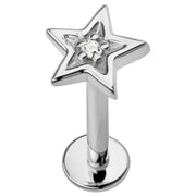 14k white gold star flat back labret stud with center diamond, angled product view