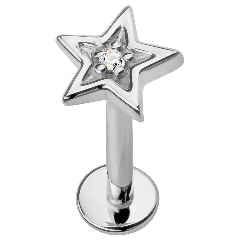 14k white gold star flat back labret stud with center diamond, angled product view