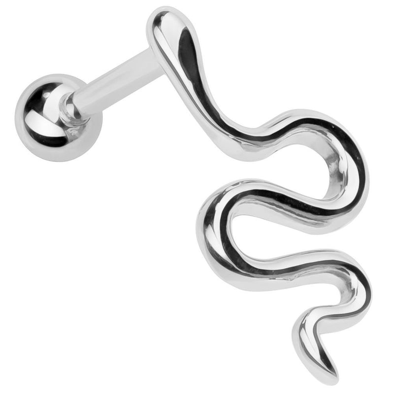 14k white gold snake charm cartilage stud earring with polished finish and ball back