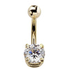 14k yellow gold belly button ring with round CZ solitaire in four-prong basket setting, front view