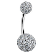 14k white gold diamond pave belly button ring with dual encrusted balls, angled side view