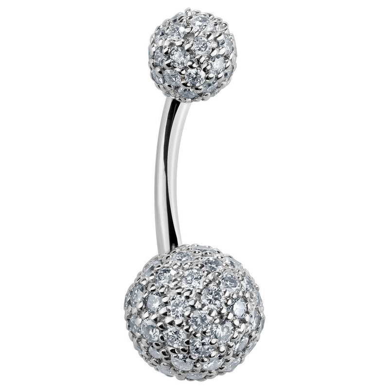 14k white gold diamond pave belly button ring with dual encrusted balls, angled side view