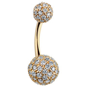 14k yellow gold diamond pave belly ring with dual diamond-covered balls, angled side view