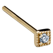 14K yellow gold square CZ nose ring with straight pin post, angled view showing dainty bezel head