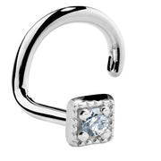 14K white gold square CZ nose ring, twist post style shown from angled side view