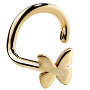 14K yellow gold butterfly nose screw twist, angled view showing curl of the twist post
