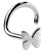 14K white gold butterfly nose ring twist style, angled view showing screw curl and charm