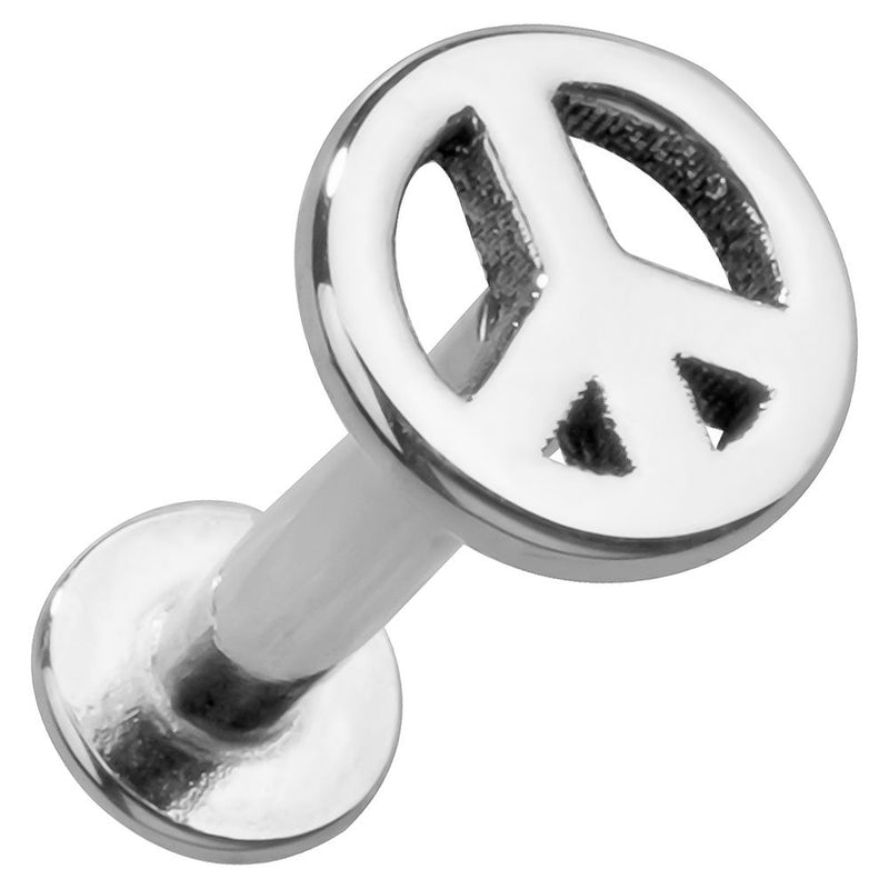 14K white gold peace sign flat back labret stud, angled view showing polished silver-tone finish