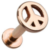 14K rose gold peace sign flat back labret stud, angled view highlighting warm pink-gold tone