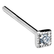 14K white gold square CZ nose ring with straight pin post, angled view showing beaded square bezel
