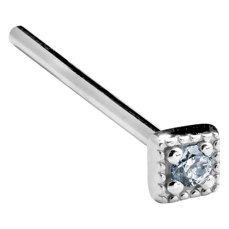 14K white gold square CZ nose ring with straight pin post, angled view showing beaded square bezel