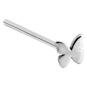 14K white gold butterfly nose ring straight post style, angled view showing full pin length