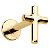 14K yellow gold cross flat back labret cartilage earring, angled view showing post and disc