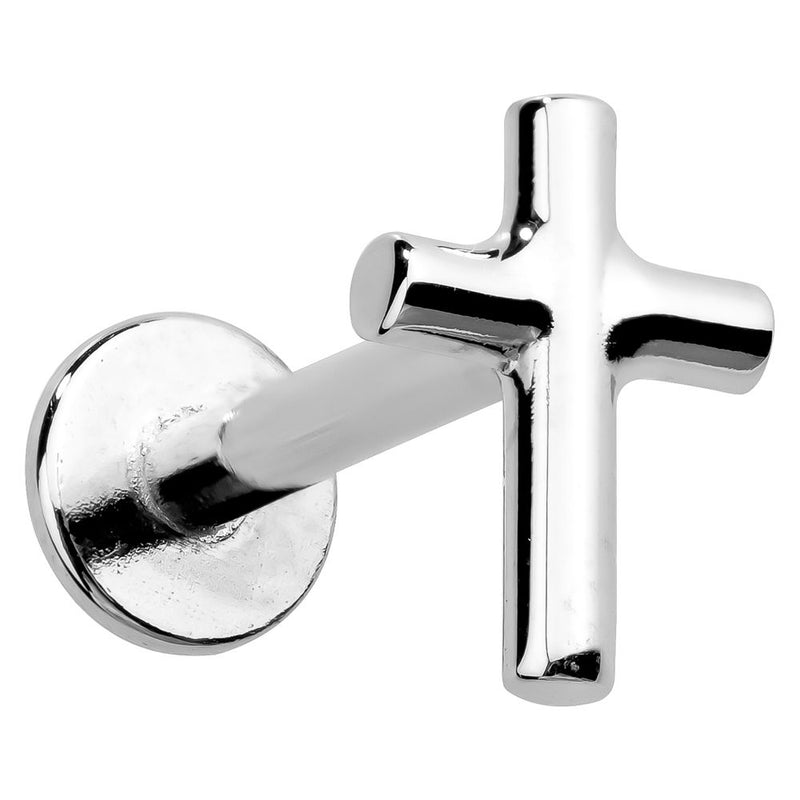 14K white gold simple cross flat back labret cartilage earring, angled front view