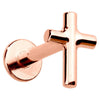 14K rose gold simple cross flat back labret cartilage earring, angled front view