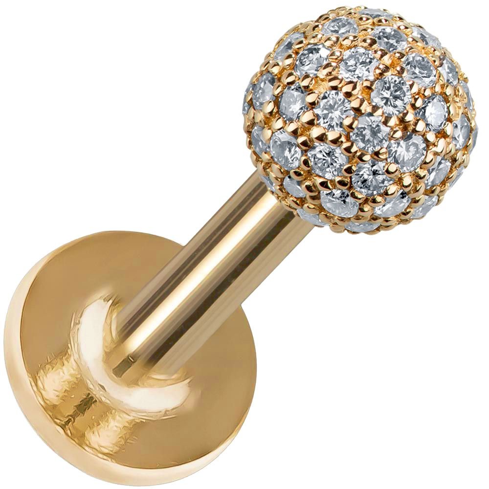 4mm Diamond Pave Ball 14K Gold Labret Stud Tragus Earring-14K Yellow Gold   18G   5 16"