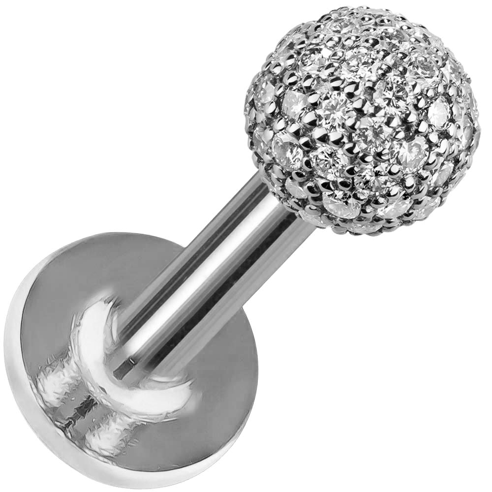 4mm Diamond Pave Ball 14K Gold Labret Stud Tragus Earring-14K White Gold   18G   5 16"