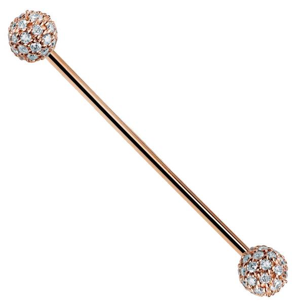 14K rose gold diamond pavé industrial barbell, straight-on view showing both pavé ball ends