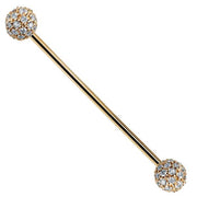 14K rose gold straight barbell with diamond pavé 4mm balls, angled product view on white