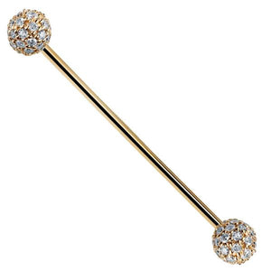 14K rose gold straight barbell with diamond pavé 4mm balls, angled product view on white