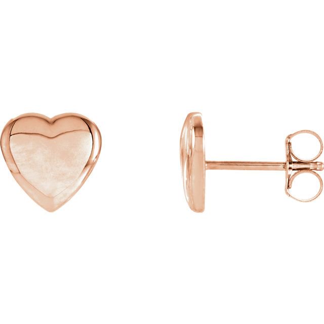 14K rose gold heart stud earrings showing warm pink-gold tone, front and side view with push-back clasp