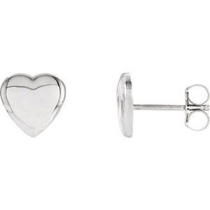 14K white gold heart stud earrings with high-polish finish, front and side profile with butterfly backing