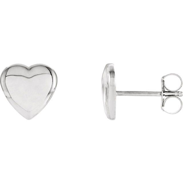 14K white gold heart stud earrings with high-polish finish, front and side profile with butterfly backing