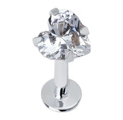 14k white gold heart CZ flat back labret, front-facing close-up showing faceted CZ and prong setting