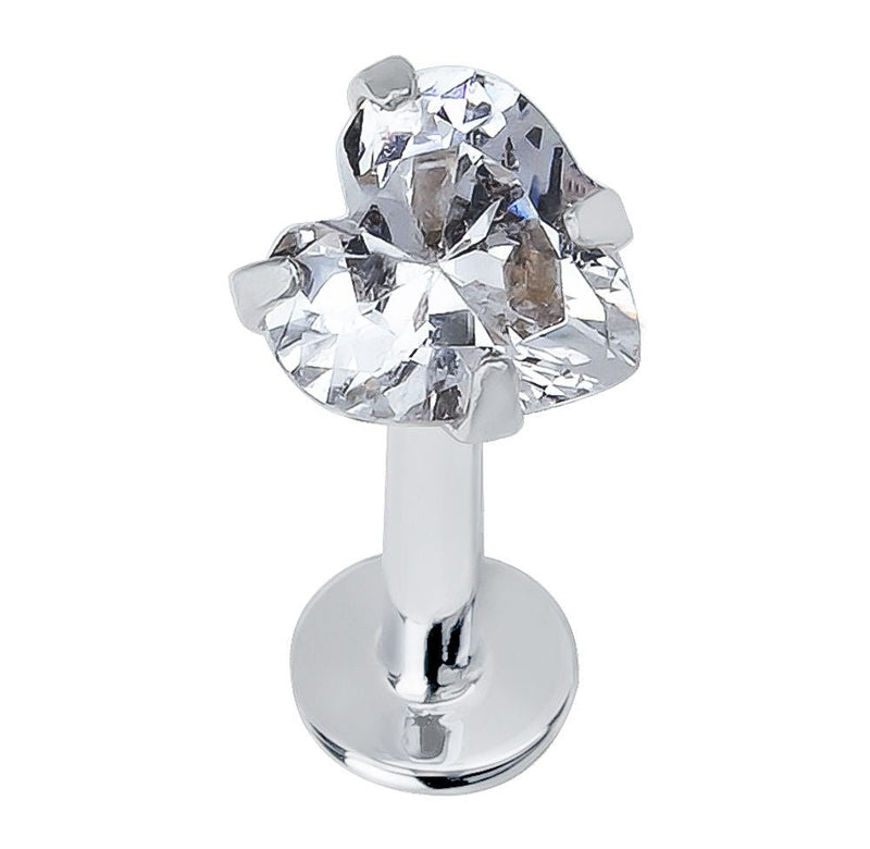 14k white gold heart CZ flat back labret, front-facing close-up showing faceted CZ and prong setting