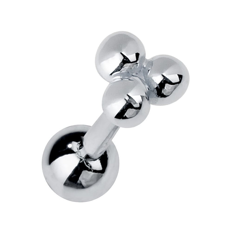 14K white gold trinity bead cartilage earring with polished three-bead cluster, front view