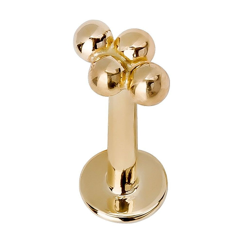 14K yellow gold 4-bead cluster flat back labret stud, front view showing polished ball top