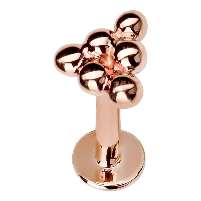 14K rose gold beaded triangle flat back labret stud, angled view highlighting warm pink-gold tone and ball cluster top