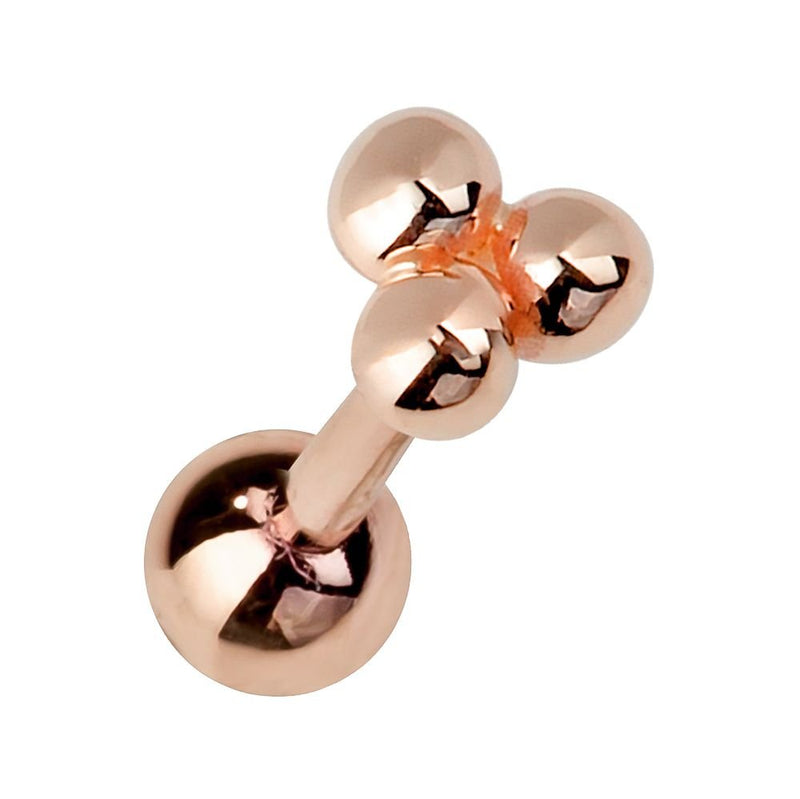 14K rose gold trinity bead cartilage earring with warm blush tone, three-bead cluster top