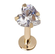 14k yellow gold heart CZ flat back labret, front-facing close-up showing faceted CZ and prong setting