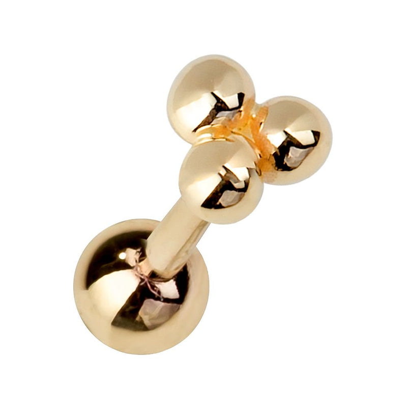 14K yellow gold trinity bead cartilage earring with three-bead cluster top, front view