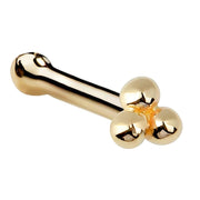 14K yellow gold trinity bead nose bone style showing rounded end and three-ball cluster end