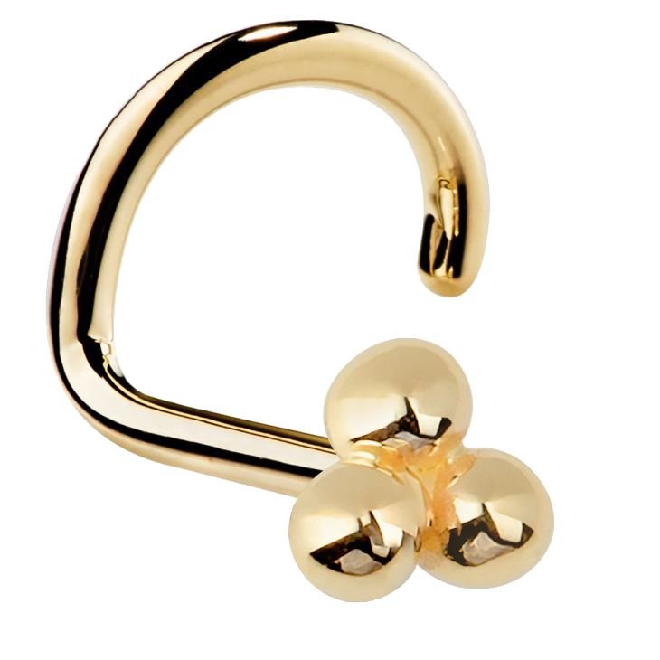 14K yellow gold trinity bead nose ring twist style, front view showing three-ball cluster charm