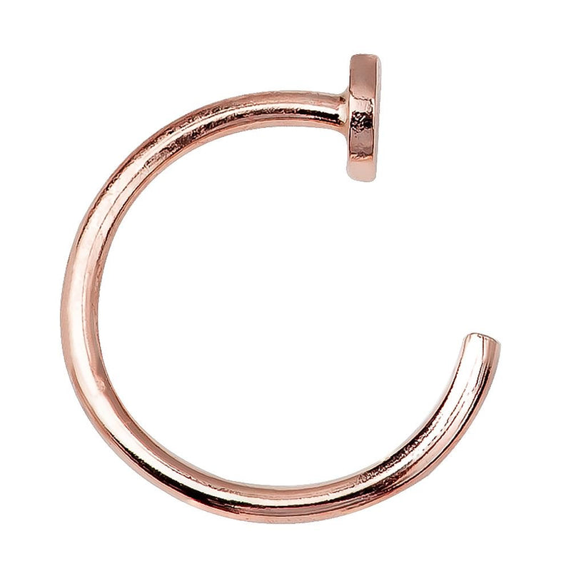 14K rose gold nail nose ring hoop, side view showing warm pink tone and flat disc nail detail