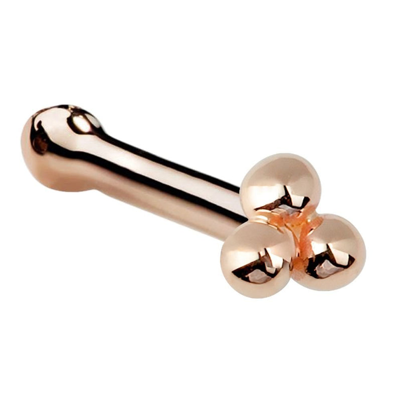 14K rose gold trinity bead nose bone style with warm-toned three-ball cluster end