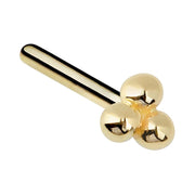 14K yellow gold trinity bead straight post nose ring showing long pin and three-ball cluster