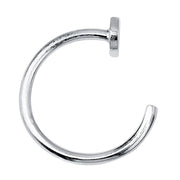 14K white gold nail nose ring hoop, side view highlighting polished flat head and open hoop